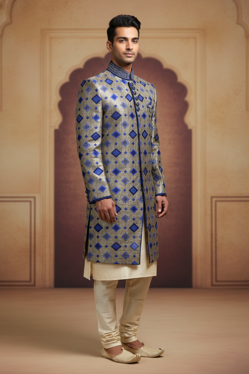 The Cobalt Lattice: Geometric Silk Sherwani