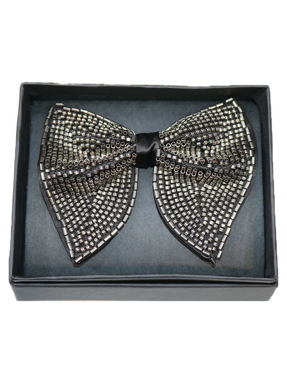 Glamorous Black Bow Accessory Adorned with Silver Bugle Beads