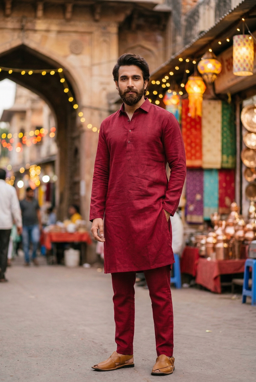 Men's Maroon Linen-Blend Plain Kurta Pajama Set