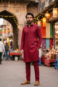 Men's Maroon Linen-Blend Plain Kurta Pajama Set