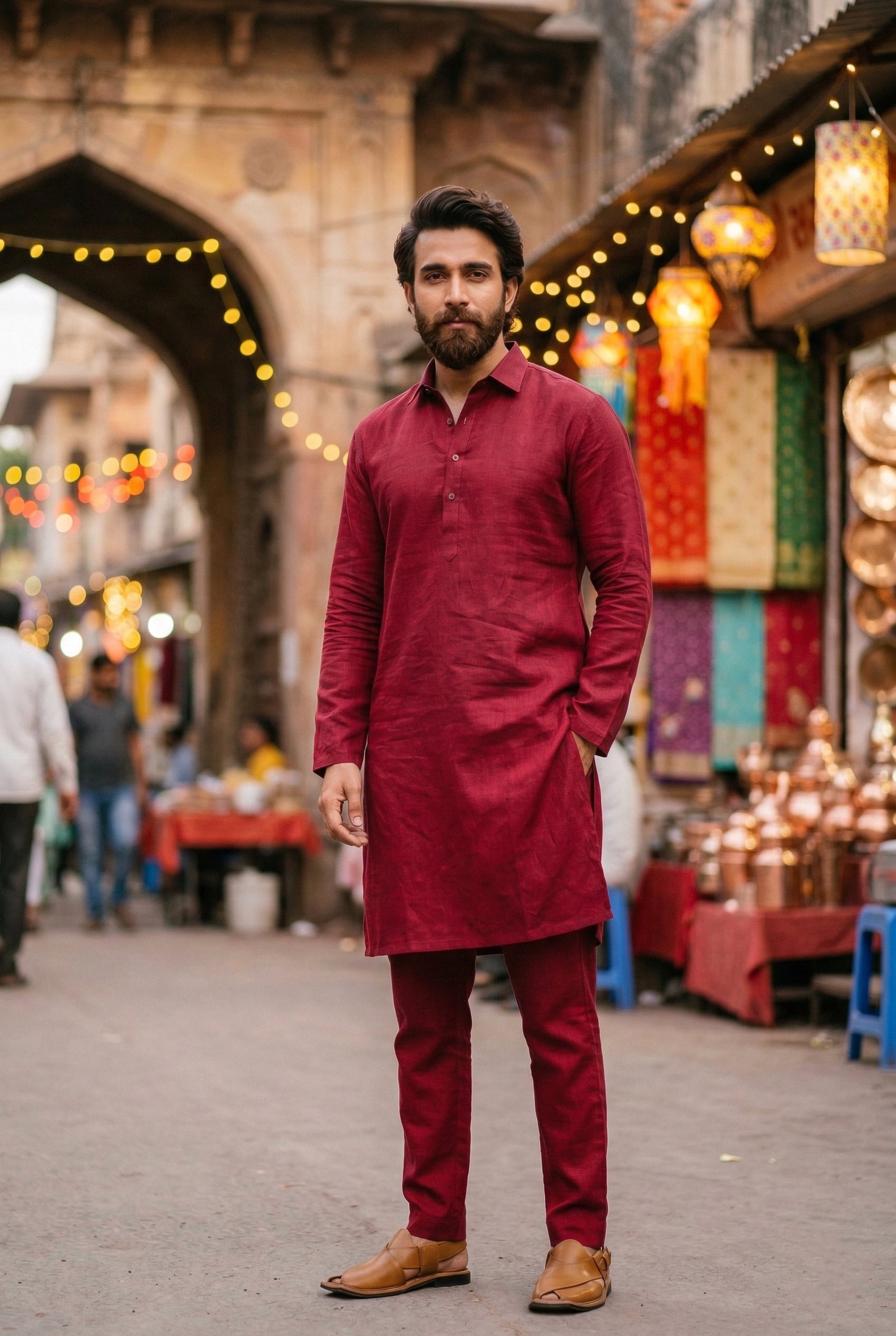 Men's Maroon Linen-Blend Plain Kurta Pajama Set
