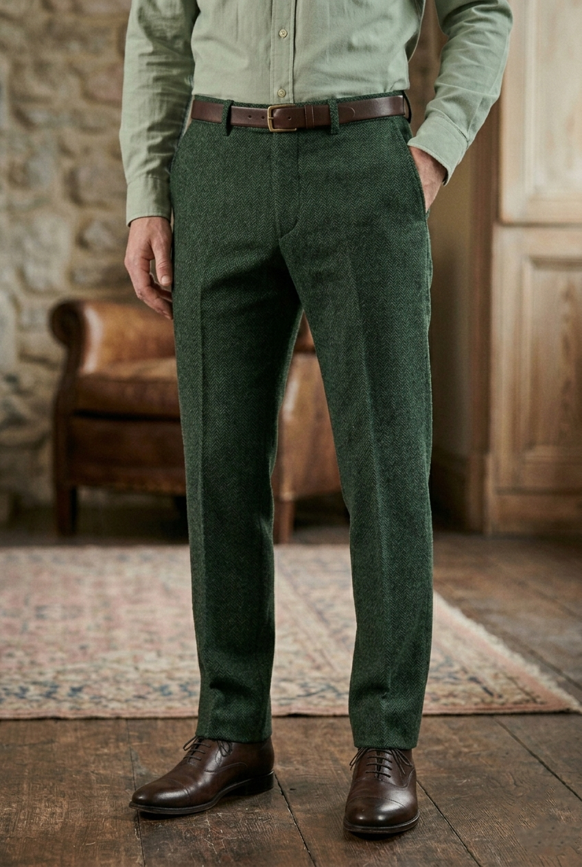 Men's Forest Green Herringbone Tweed Tailored Trousers