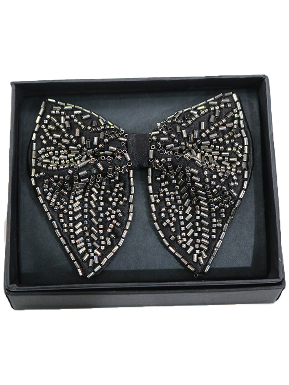 Elegant Black Bowtie with Intricate Silver Bugle Beadwork Pattern