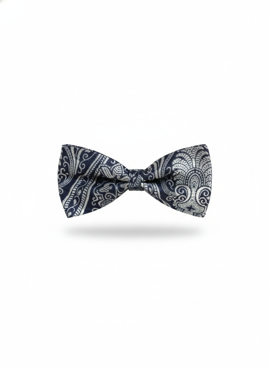 Elegant Navy Blue And Silver Baroque Paisley Bow Tie