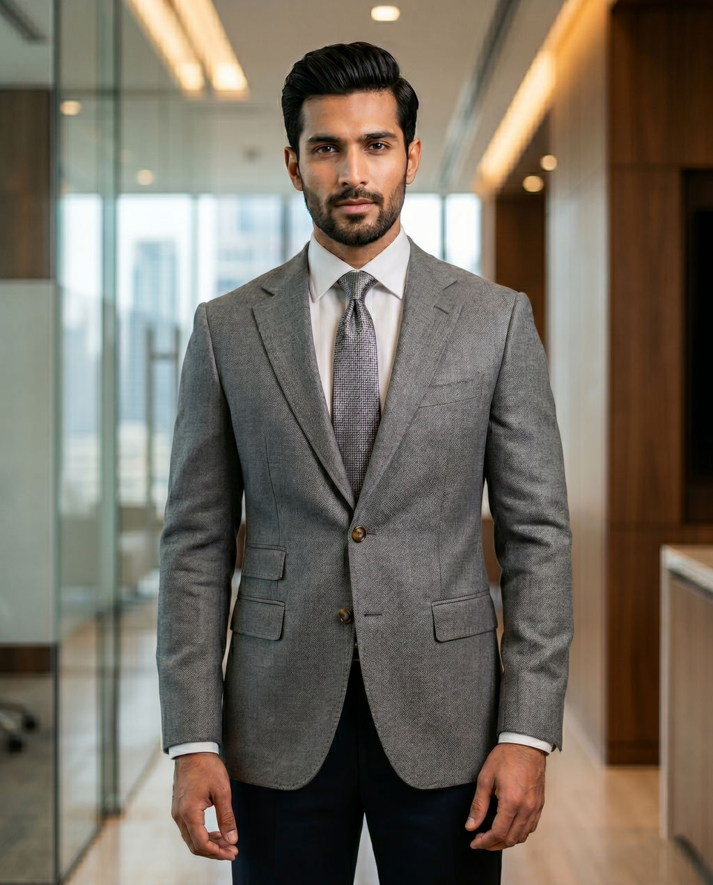 Premium Men's Slim Fit Grey Blazer Textured Single Breasted Suit Jacket