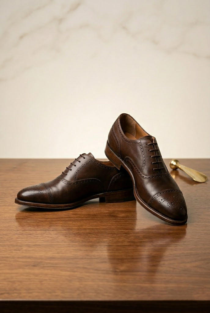 Men's Premium Dark Brown Leather Cap-Toe Oxford Brogue Shoes