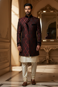 Maroon Velvet Accented Asymmetric Sherwani