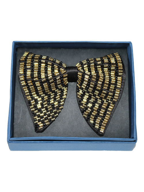 Exquisite Gold and Black Beaded Bow Tie Statement Accessory