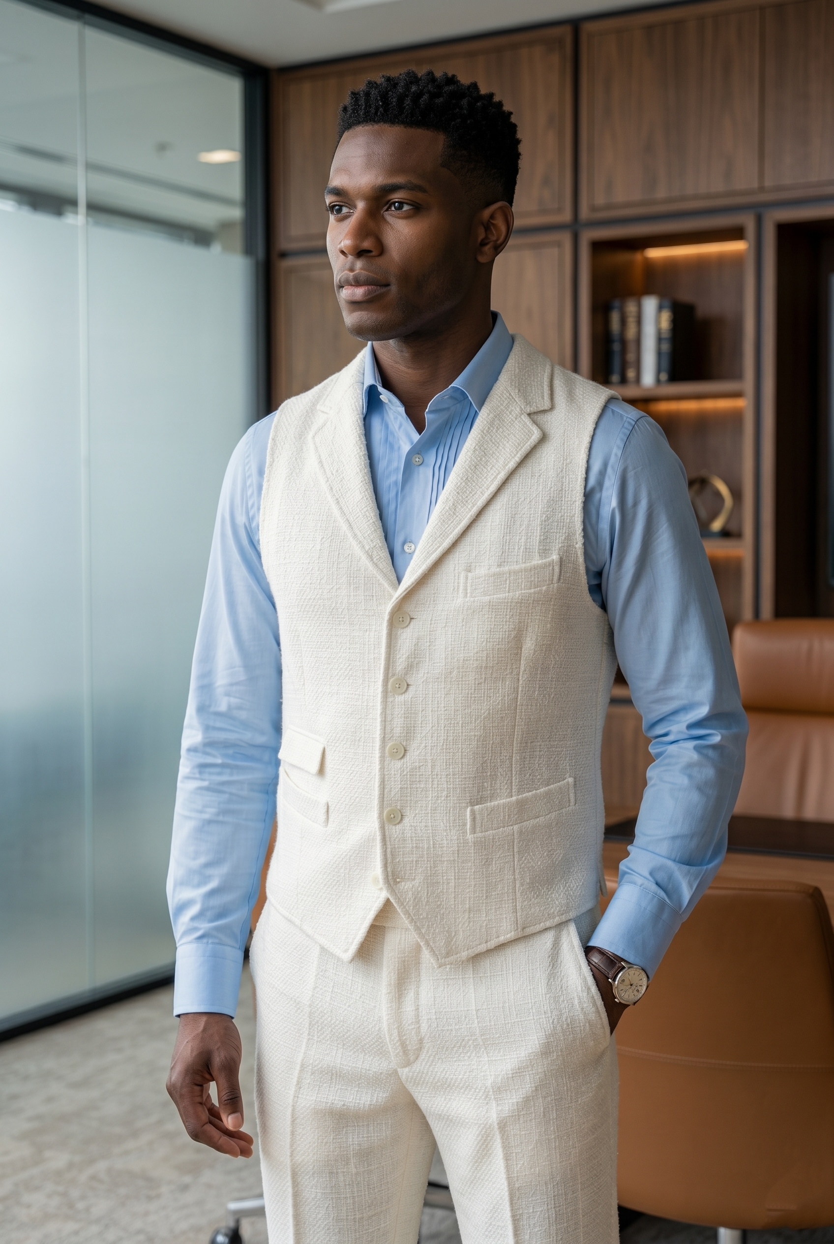 Men's Slim Fit Tweed Waistcoat Vintage Lapel Dress Suit Vest Off White