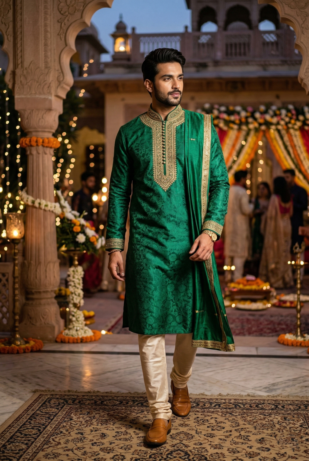 Men's Emerald Green Silk Kurta with Gold  Embroidery