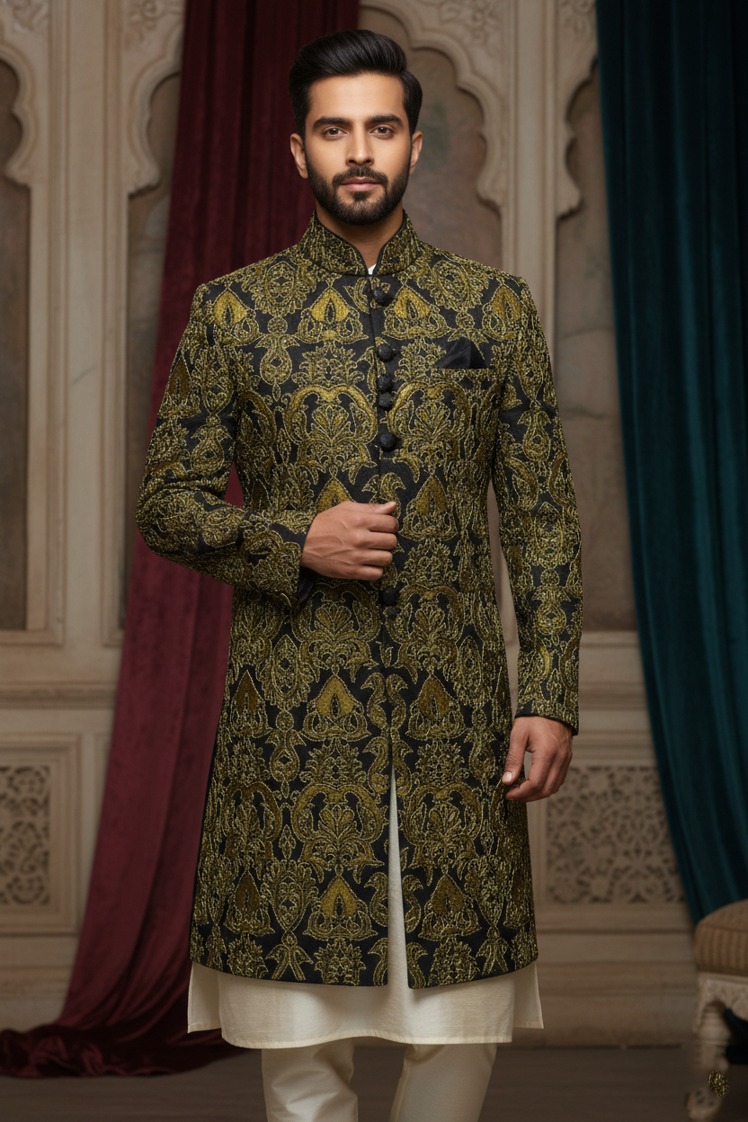 Golden Olive Baroque Fusion Indo-Western Sherwani