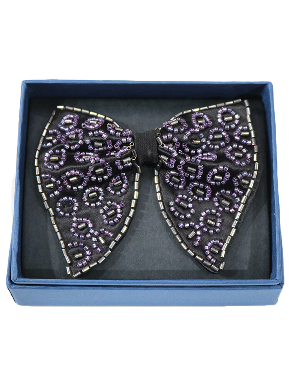 Chic Black Bowtie Featuring Purple Leopard Print Beadwork
