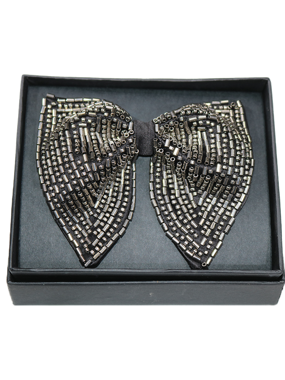 Exquisite Black Bowtie with Geometric Bronze Bugle Beads