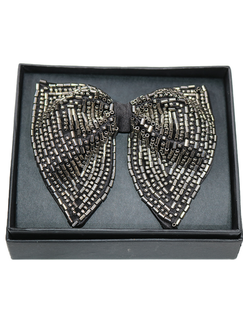 Exquisite Black Bowtie with Geometric Bronze Bugle Beads