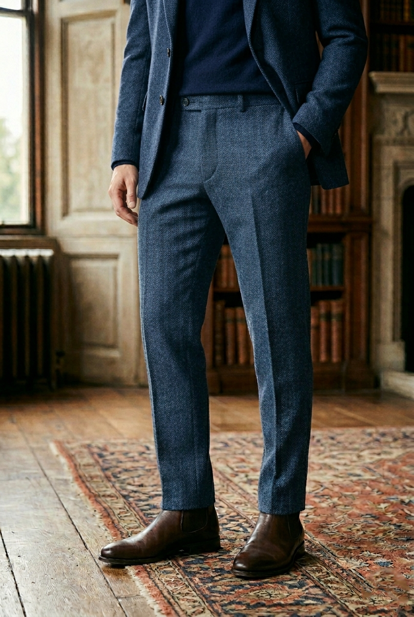 Men's Indigo Blue Herringbone Tweed Tailored Trousers
