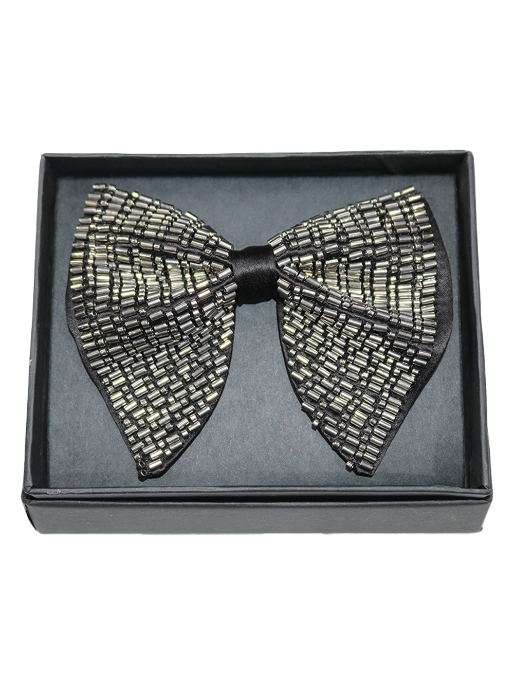 Sophisticated Black Bowtie with Striped Silver Bugle Beadwork Pattern