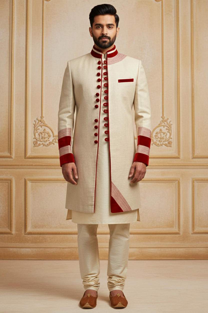 Crimson-Accented Cream Minimalist Indo-Western Sherwani
