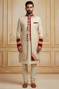 Crimson-Accented Cream Minimalist Indo-Western Sherwani
