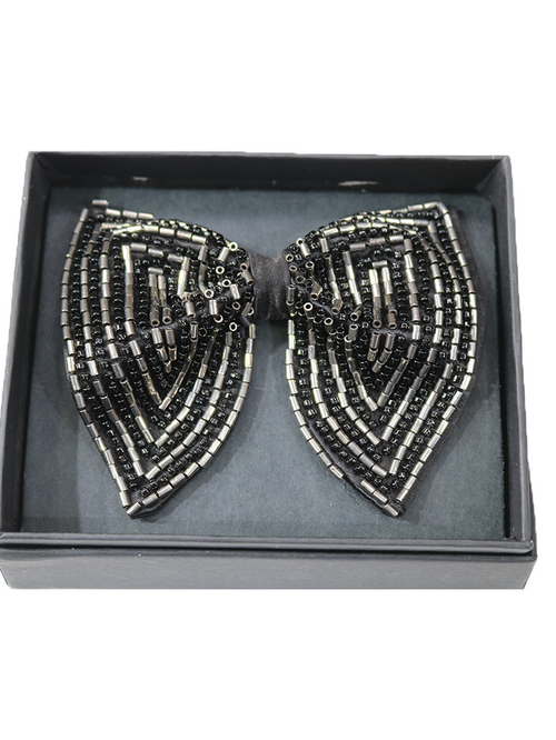 Elegant Silver and Black Beaded Chevron Bow Tie Accessory