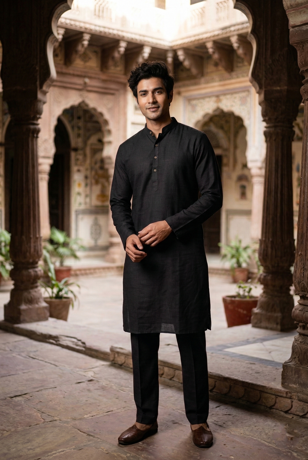 Men's Jet Black Linen-Blend Plain Kurta Pajama Set