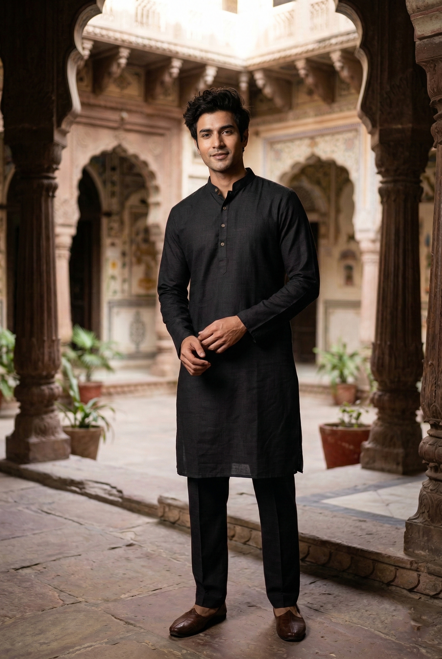Men's Jet Black Linen-Blend Plain Kurta Pajama Set