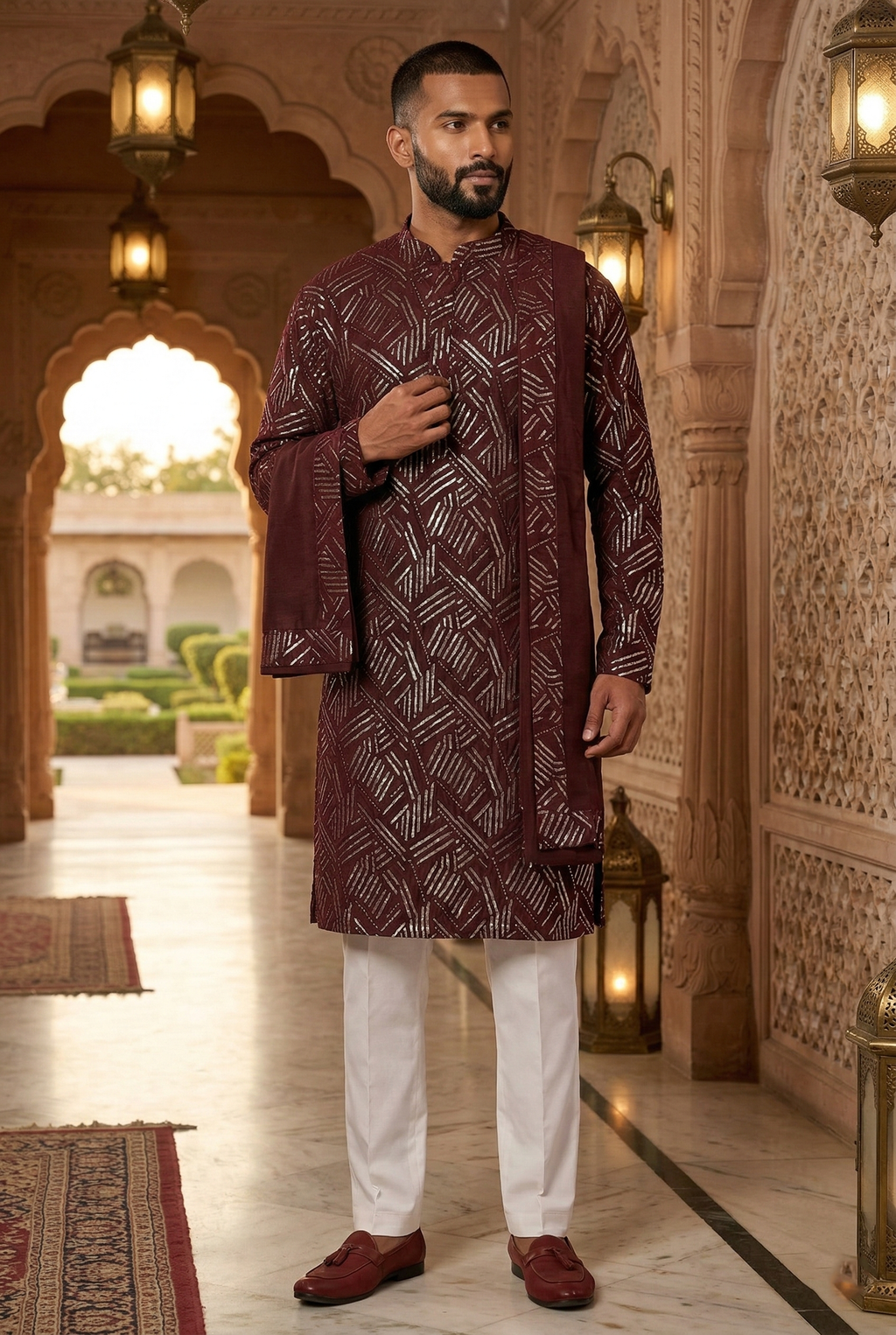 Wine Geometric Foil Print Partywear Kurta Pajama  Set