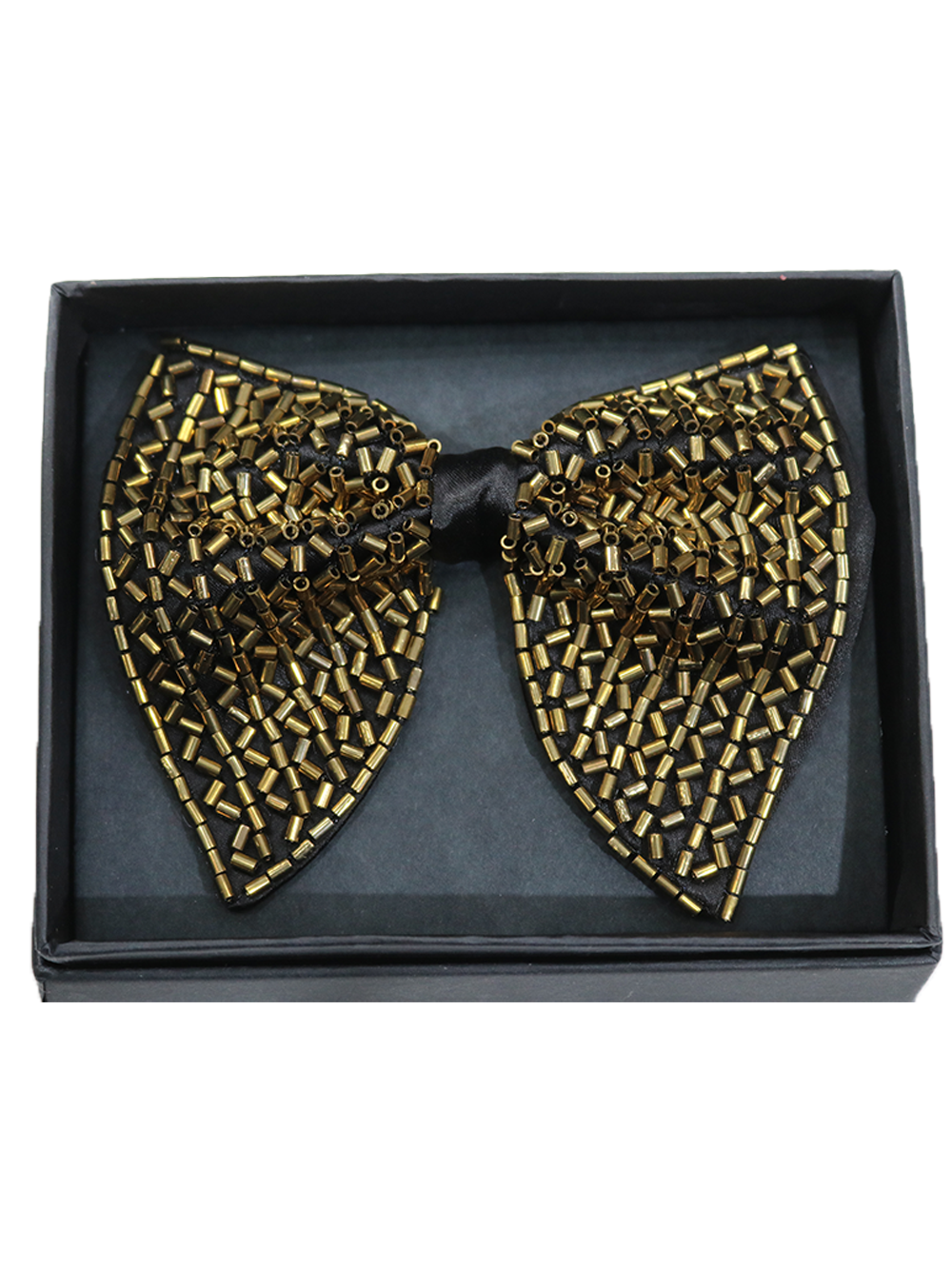 Stunning Black Bowtie with Textured Gold Bugle Bead Mosaic