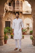 Men's Pure White Cotton Linen Plain Kurta Pajama Set