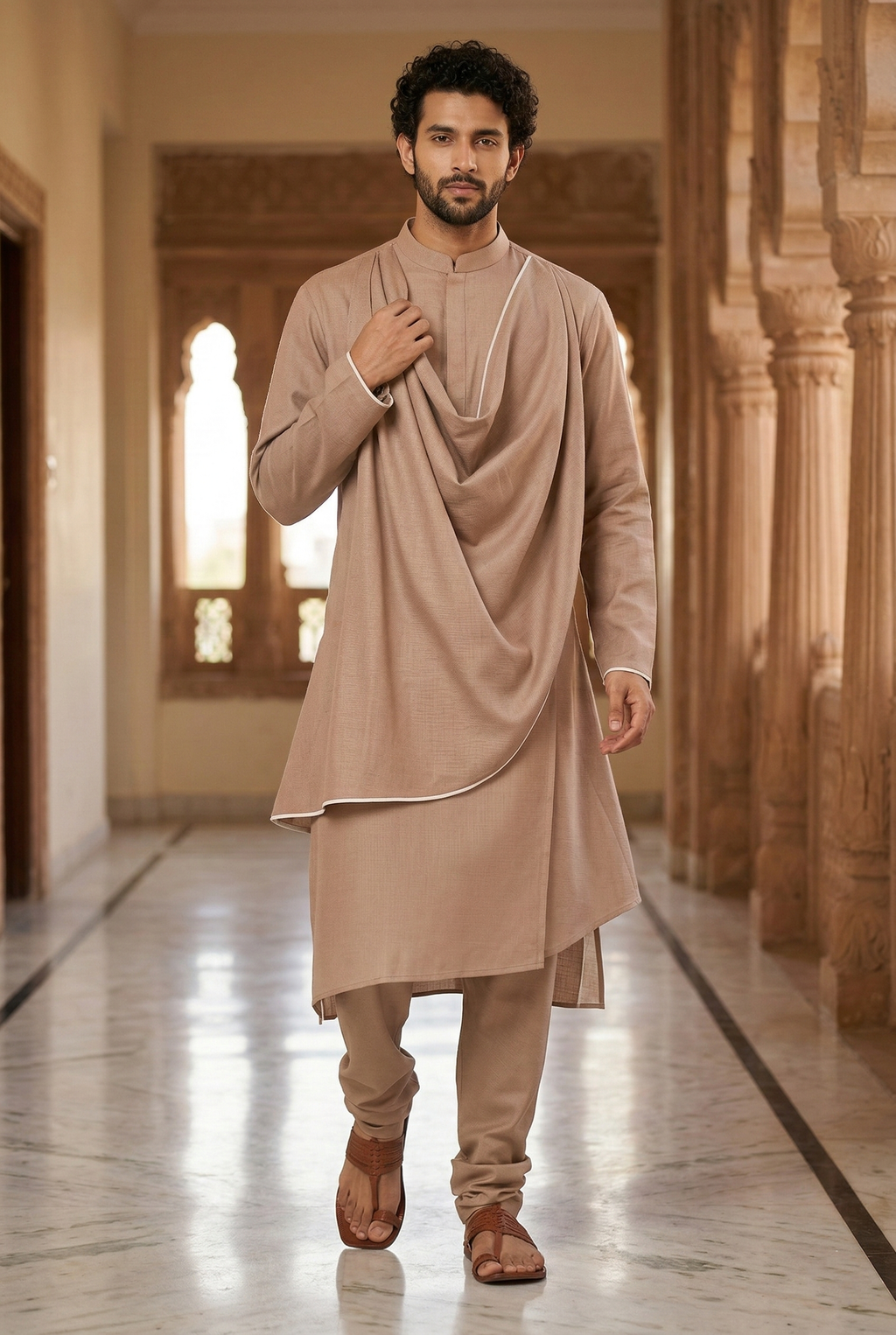 Men's Beige Draped Asymmetric Designer Kurta Pajama