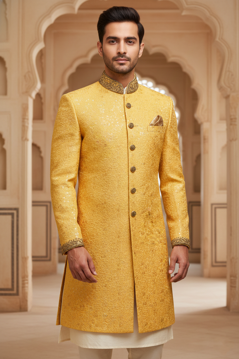 The Royal Gilt: All-Over Brocade Wedding Sherwani