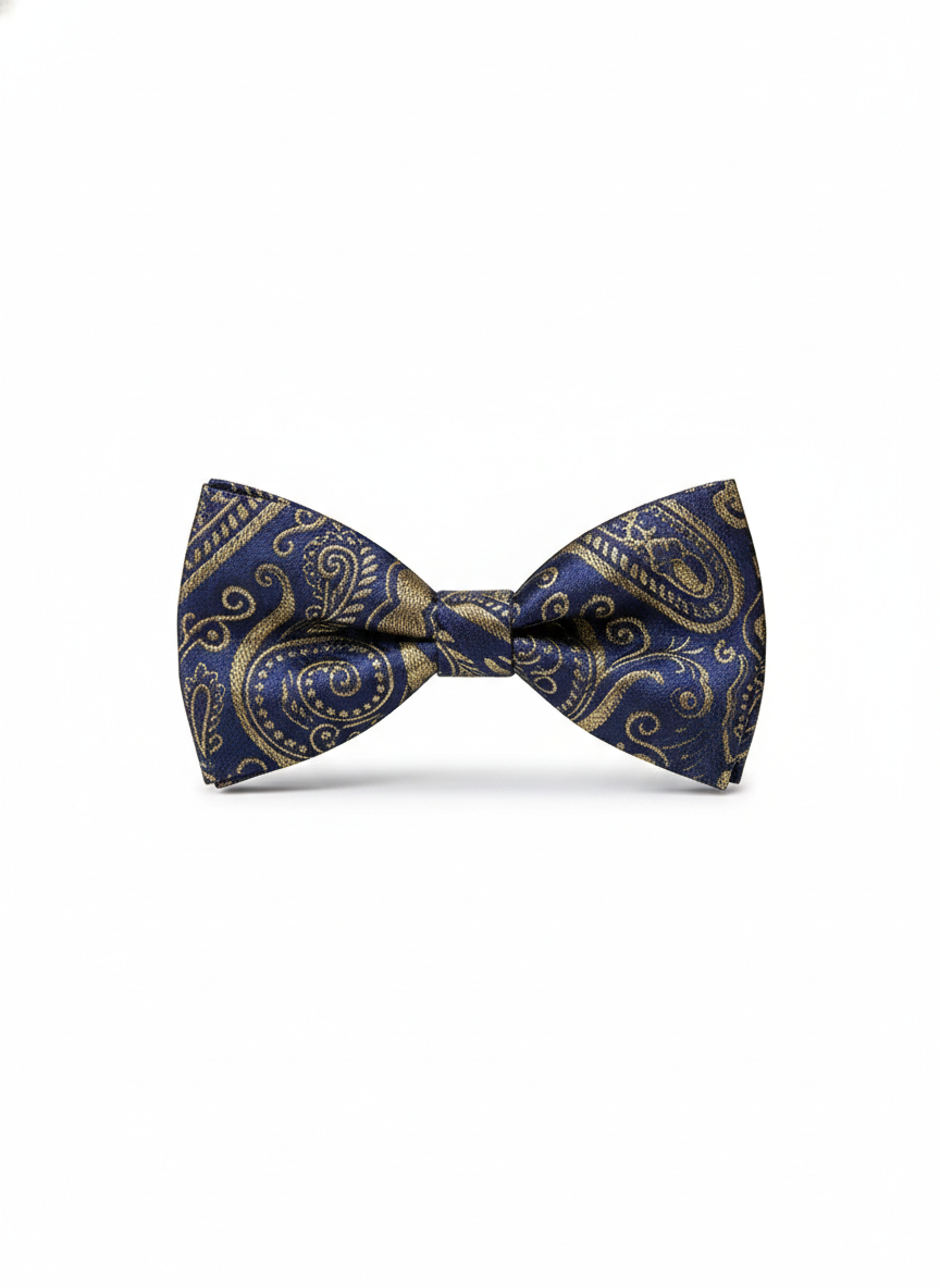 Elegant Navy Blue and Gold Paisley Pre-Tied Bow Tie