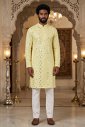 Men’s Lemon Yellow Mirror Work Partywear Kurta Pajama