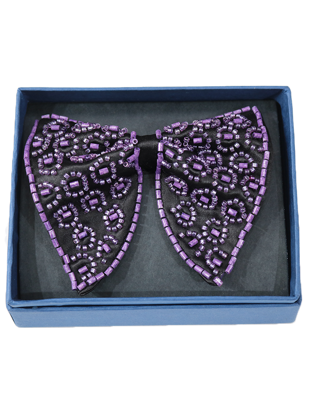 Chic Black Bowtie Featuring Purple Leopard Print Beadwork Pattern