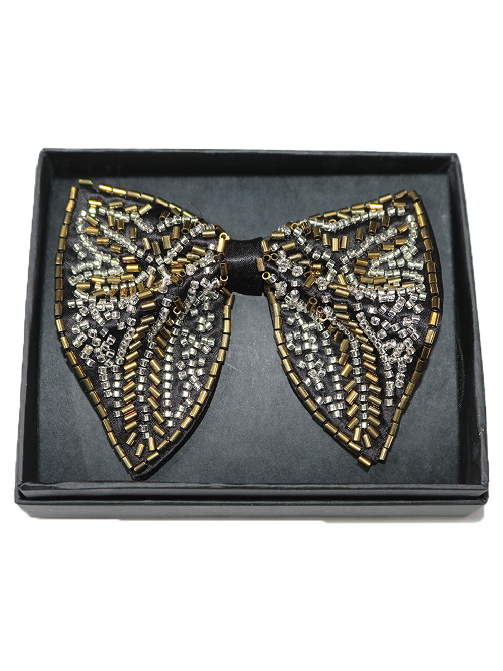 Glamorous Gold Silver and Black Beaded Statement Bow Tie Accessory