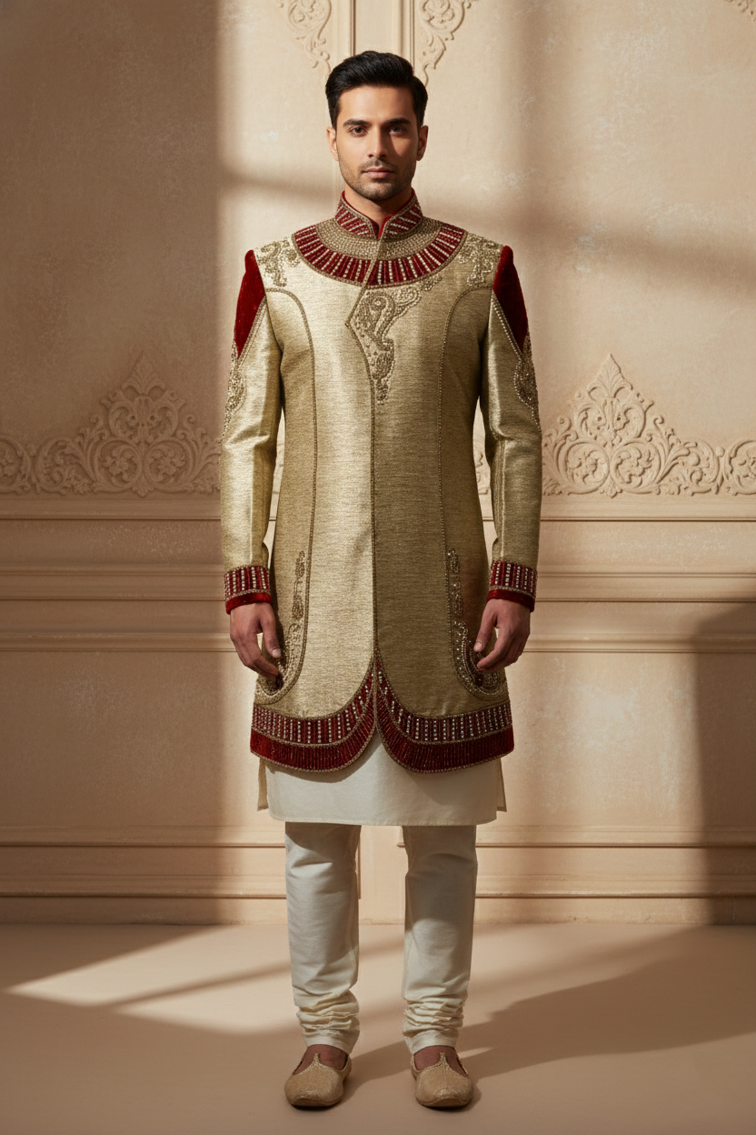 Royal Gold & Crimson Velvet Indo-Western Sherwani
