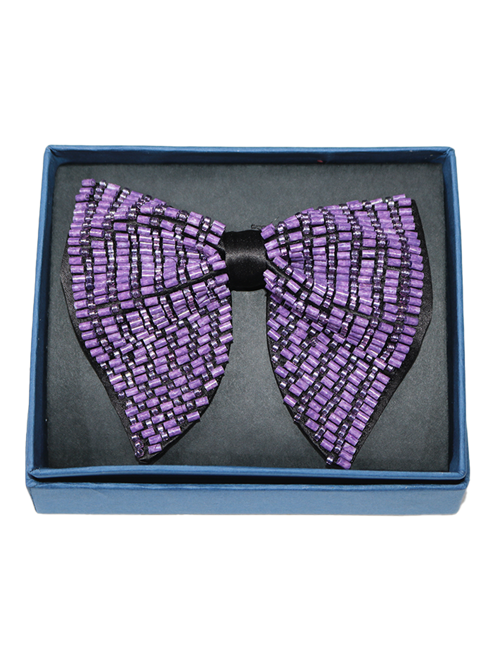 Sophisticated Black Bowtie with Striped Purple Bugle Beadwork Pattern