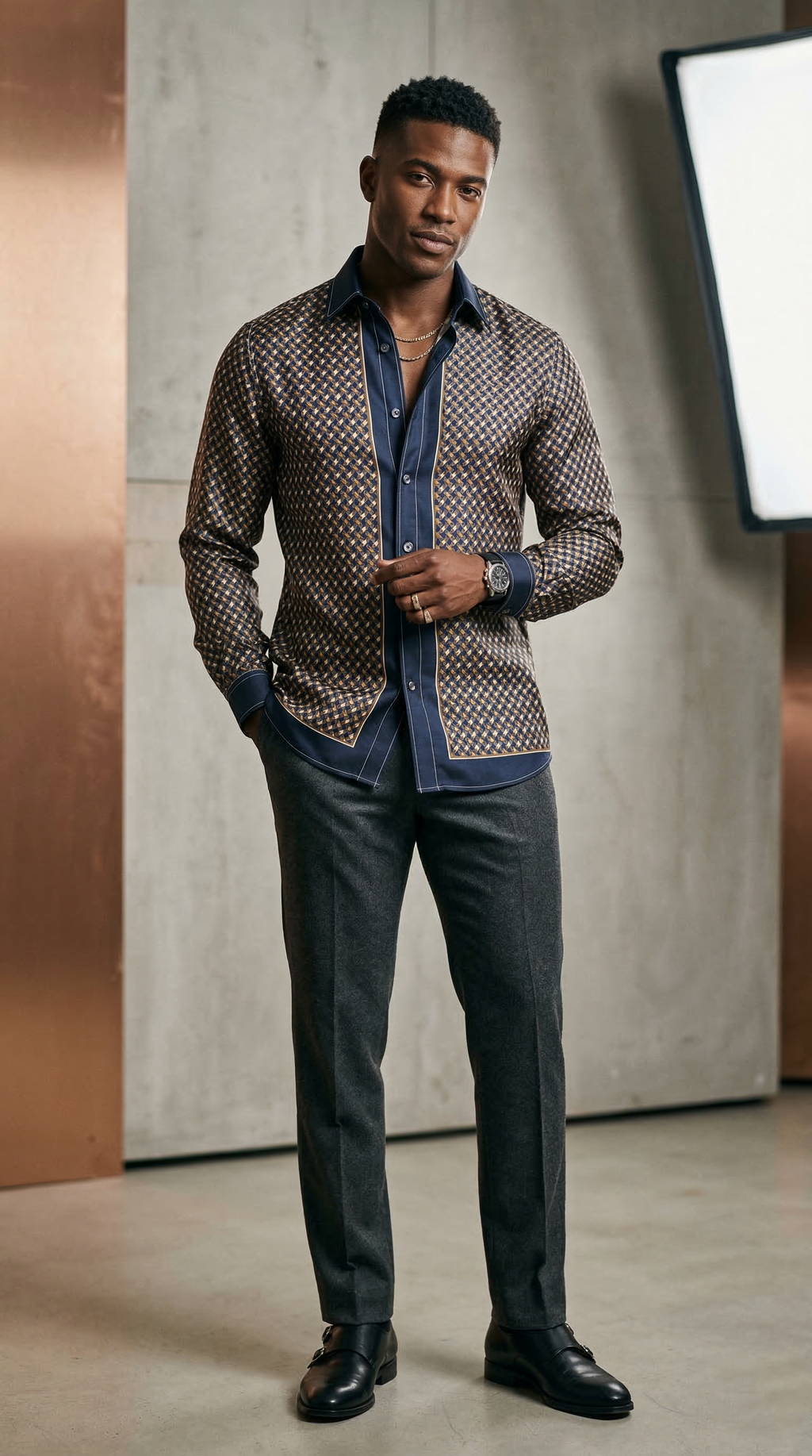 Men’s Designer Engineered Silk-Sateen Scarf-Print Shirt – Midnight & Bronze Gold