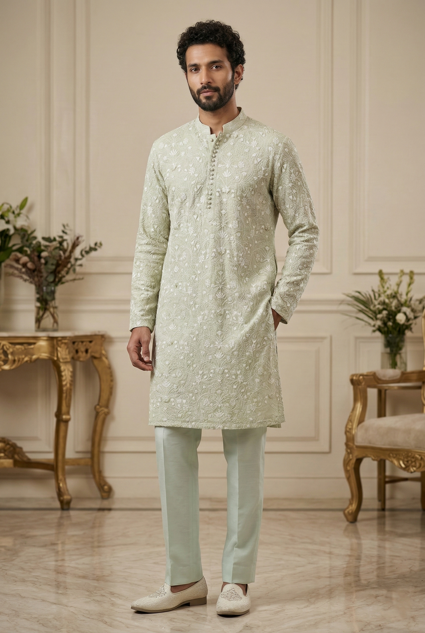 Men’s Mint Green Embroidered Partywear Kurta  Pajama