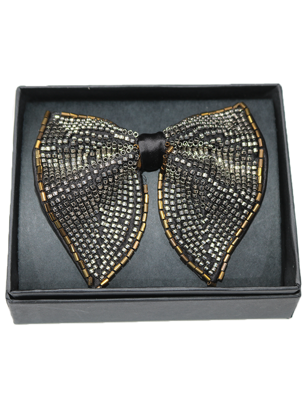 Elegant Silver Gold and Black Beaded Statement Bow Tie