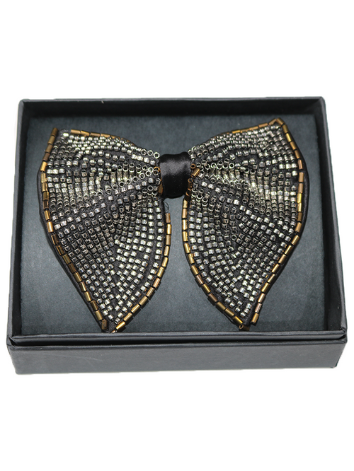 Elegant Silver Gold and Black Beaded Statement Bow Tie