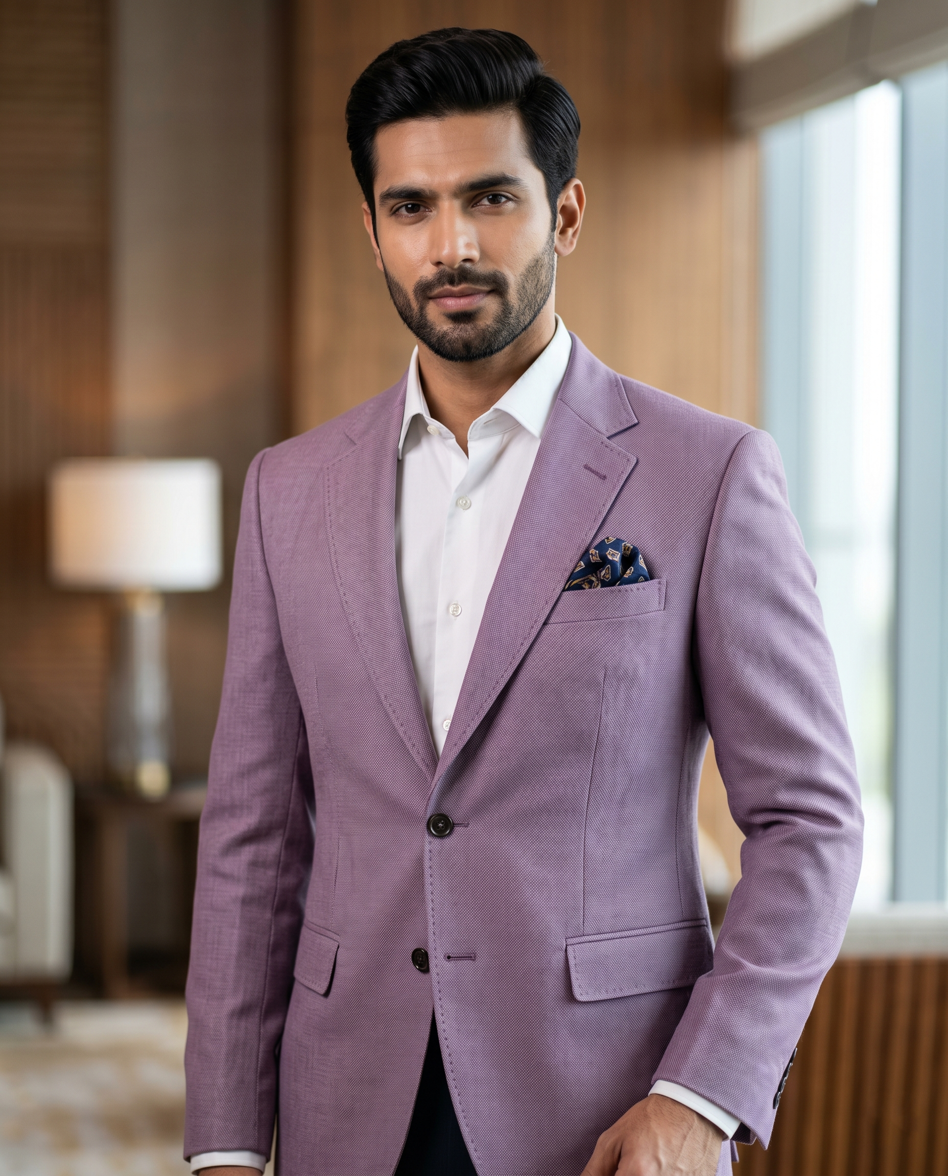 v Premium Men's Slim Fit Mauve Purple Blazer Textured Single Breasted Suit Jacket
