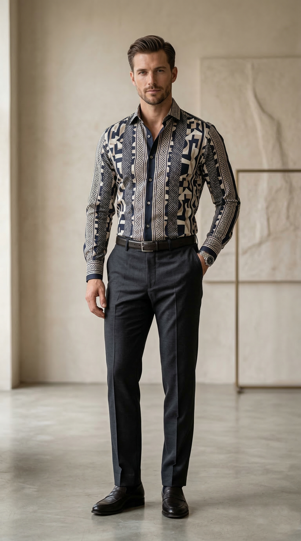 Men’s Slim-Fit Mosaic Geometric Print Silk-Blend Shirt – Midnight & Cream
