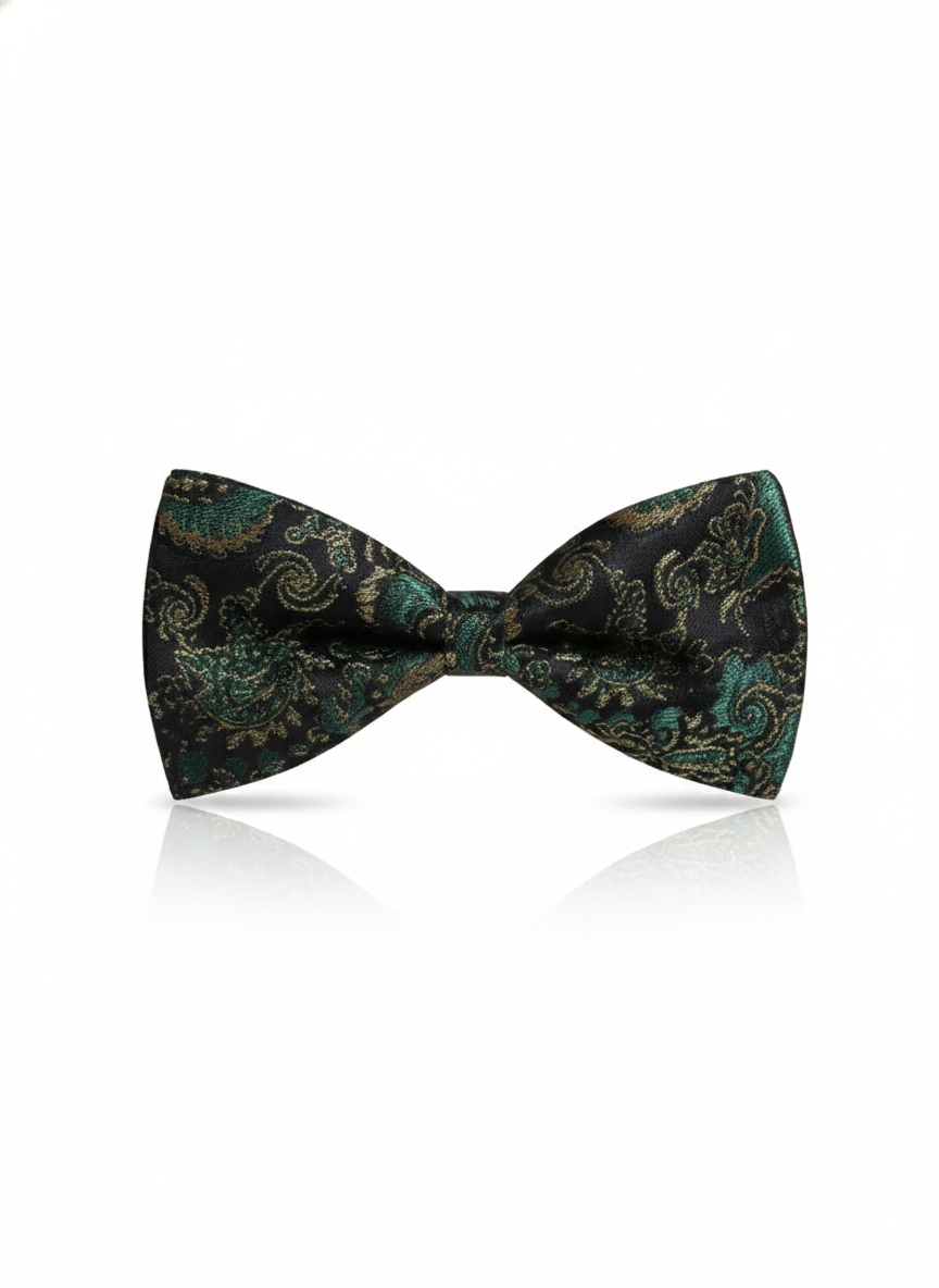 Luxury Black and Green Paisley Bow Tie With Gold