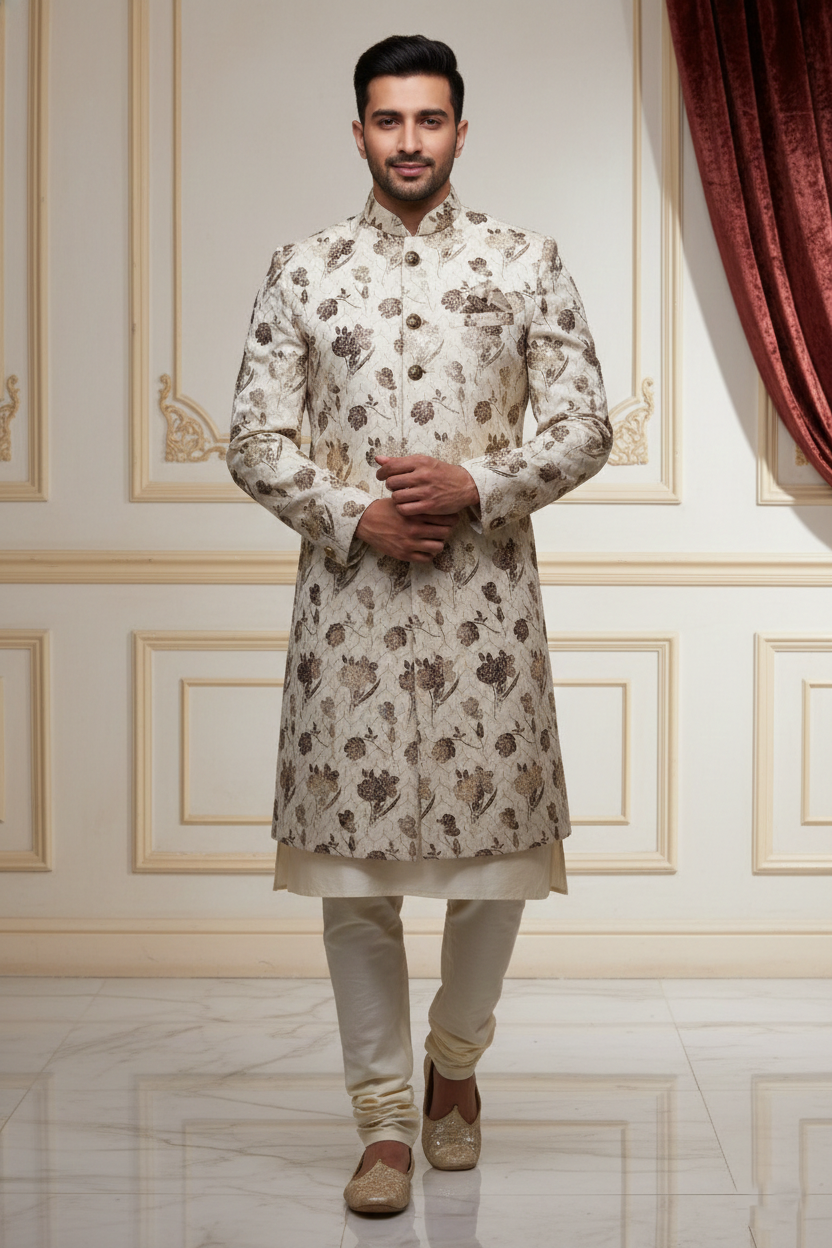 The Pearl Blossom: Ivory & Gold Floral Sherwani