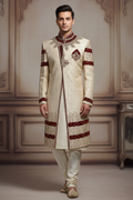 The Crimson Crest: Ivory & Maroon Accented Sherwani