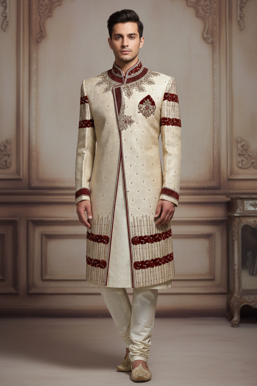 The Crimson Crest: Ivory & Maroon Accented Sherwani