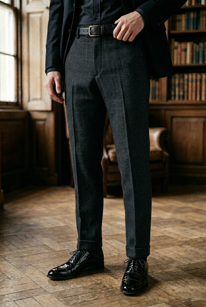 Men's Dark Charcoal Herringbone Tweed Cuffed  Trousers