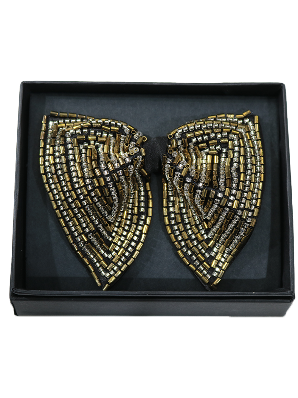 Luxury Black Bowtie with Gold and Silver Geometric Beadwork
