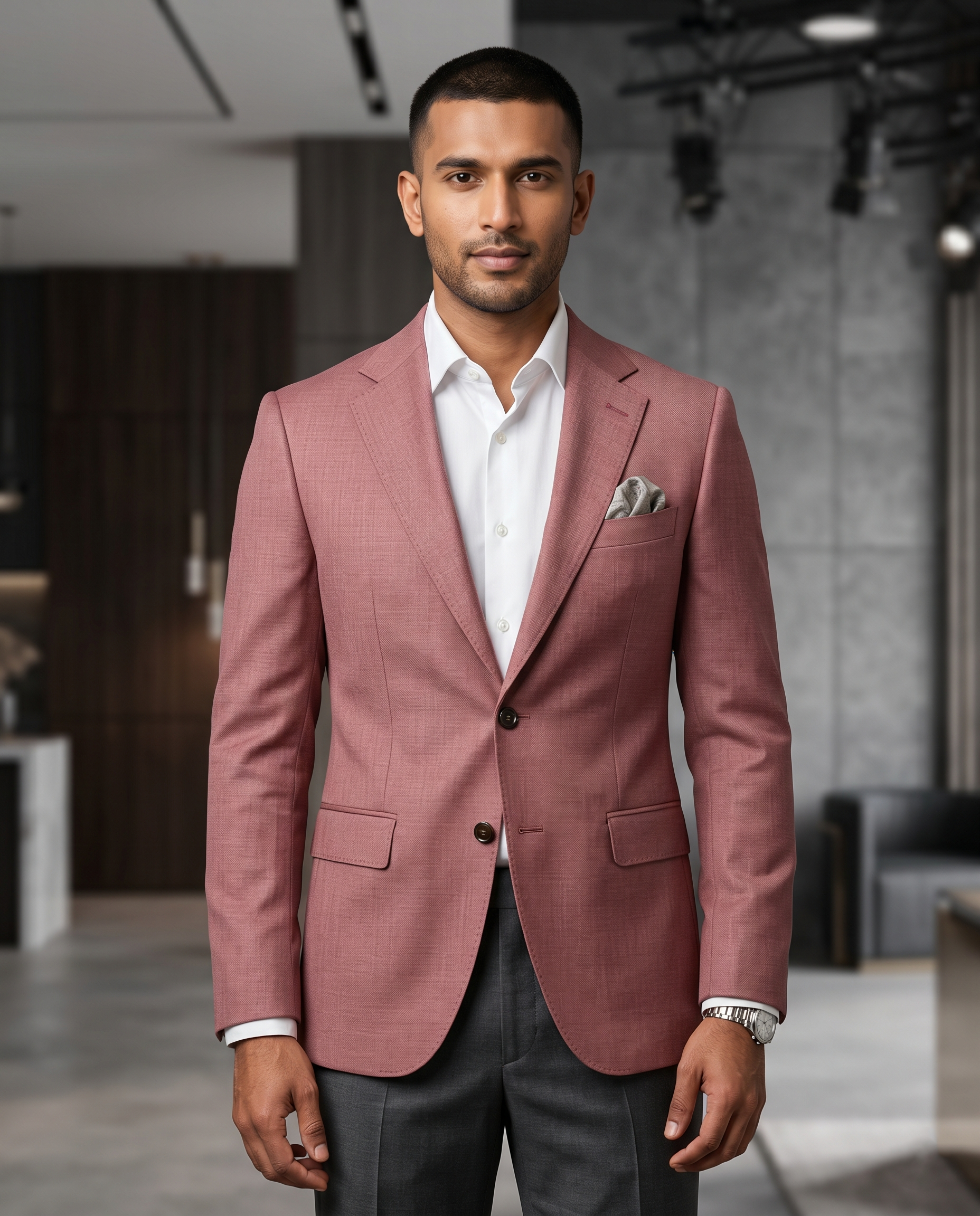Premium Men's Slim Fit Dusty Rose Blazer Textured Single Breasted Suit Jacket