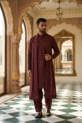 Men's Wine Geometric Sequin Designer Kurta  Pajama